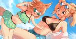  2girls :d animal_ear_fluff animal_ears arm_up bangs bare_shoulders batta_(kanzume_quality) bikini black_bikini blue_eyes blue_shorts blue_sky breasts cloud cloudy_sky collarbone commentary_request day dutch_angle eyebrows_visible_through_hair fangs feet_out_of_frame flat_chest fox_ears fox_girl fox_shadow_puppet fox_tail green_bikini halterneck hand_on_another&#039;s_stomach heart heart-shaped_eyewear highres large_breasts long_hair looking_at_viewer multiple_girls navel open_clothes open_mouth open_shirt orange_hair original partially_undressed ponytail shirt shorts sidelocks sky smile swimsuit tail thick_eyebrows tinted_eyewear v-shaped_eyebrows water white-framed_eyewear white_shirt 