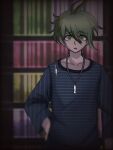  1boy amami_rantarou antenna_hair bangs collarbone danganronpa_(series) danganronpa_v3:_killing_harmony ear_piercing earrings eyebrows_visible_through_hair green_eyes green_hair hair_between_eyes highres indoors jewelry long_sleeves looking_at_viewer necklace open_mouth piercing shirt short_hair solo striped striped_shirt su_(ditev) upper_body 