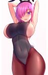  1girl absurdres animal_ears arms_up breasts fate/grand_order fate_(series) hair_over_one_eye highres jo_(pixiv29989419) large_breasts leotard mash_kyrielight pantyhose pink_hair purple_eyes rabbit_ears rabbit_tail short_hair sideboob sweat tail 
