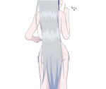  1girl absurdres apron ass bare_shoulders blue_eyes blue_ribbon blush brk55555 from_behind hair_ribbon highres long_hair naked_apron open_mouth pandora_(re:zero) re:zero_kara_hajimeru_isekai_seikatsu ribbon silver_hair simple_background solo standing very_long_hair white_background 