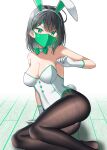  1girl animal_ears arm_support ass bangs bare_shoulders black_hair black_legwear braid breasts cleavage commentary_request eyebrows_visible_through_hair fake_animal_ears gloves green_eyes green_hair gurande_(g-size) hair_between_eyes hairband highres leotard looking_at_viewer mask medium_breasts mouth_mask multicolored_hair no_shoes original pantyhose playboy_bunny power_symbol rabbit_ears rabbit_tail solo strapless strapless_leotard streaked_hair tail thighband_pantyhose v-shaped_eyebrows white_background white_gloves white_hairband white_leotard 