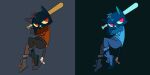  anthro baseball_bat bat_(object) black_body black_fur boots bottomwear clothed clothing domestic_cat felid feline felis female fighting_pose footwear fur hi_res mae_borowski mammal night_in_the_woods pants papastacat pose red_eyes shirt simple_background solo topwear video_games 