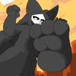  2021 3_toes 4_fingers absurd_res anthro black_body black_fur bone canid canine canis changed_(video_game) city cloud dragotrashcan feet fingers fur hi_res imminent_stomp looking_down macro male mammal plantigrade puro_(changed) skull skull_head sky solo toes underpaw wolf 