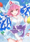  1girl :d balloon bangs blue_headwear blue_kimono blue_sky blurry blurry_background breasts cheerleader cloud cowboy_shot eyebrows_visible_through_hair flag frilled_kimono frills hat highres holding holding_pom_poms japanese_clothes kimono large_breasts looking_at_viewer mob_cap open_mouth outdoors pink_eyes pink_hair pom_pom_(cheerleading) purple_sash rei_(ls91407662) saigyouji_yuyuko sash short_hair sky sleeveless smile solo sports_festival standing touhou triangular_headpiece 