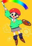  1girl adeleine arms_up bangs beret black_hair blue_eyes blue_legwear blush blush_stickers brown_footwear child collared_shirt commentary_request dutch_angle eyebrows_visible_through_hair flat_chest full_body green_shirt grey_skirt happy hat head_tilt highres holding holding_brush holding_palette i3_(kirby) ice_dragon_(kirby) kirby_(series) kirby_64 kracko kureson_(hayama_baa) long_sleeves looking_up miniskirt open_mouth outstretched_arm paintbrush palette_(object) pleated_skirt rainbow red_headwear shirt shoes short_hair simple_background skirt smile socks solo standing straight-on yellow_background 