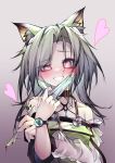  1girl absurdres animal_ear_fluff animal_ears arknights blood blood_on_weapon blush cat_ears cat_girl dress eyebrows_visible_through_hair gradient gradient_background green_dress green_eyes grey_hair heart heart-shaped_pupils highres holding_scalpel kal&#039;tsit_(arknights) mask mouth_mask oripathy_lesion_(arknights) qinshi-ji scalpel smile stethoscope surgical_mask symbol-shaped_pupils weapon yandere 