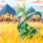  1:1 ambiguous_gender azre cloud eyes_closed green_body hi_res mountain nintendo plant pok&eacute;mon pok&eacute;mon_(species) serperior solo tree video_games wheat_field white_body 