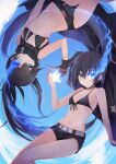  2girls absurdres asymmetrical_hair bangs bare_arms bare_legs belt belt_buckle bikini bikini_top_only black_hair black_ribbon black_rock_shooter black_rock_shooter_(character) black_rock_shooter_(dawn_fall) black_shorts blue_eyes breasts buckle choker cleavage collarbone eyebrows_visible_through_hair flaming_eye floating_hair front-tie_bikini front-tie_top fuji_kakei groin hair_between_eyes halterneck highres long_hair looking_at_viewer micro_shorts multiple_girls navel open_mouth ribbon ribbon_choker scar short_shorts shorts small_breasts swimsuit twintails very_long_hair white_belt 