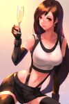  1girl absurdres alcohol arm_support artist_name black_gloves black_hair black_shorts breasts brown_hair closed_mouth collarbone cup dangle_earrings detached_sleeves drinking_glass earrings elbow_gloves final_fantasy final_fantasy_vii final_fantasy_vii_remake gloves highres jewelry light_smile long_hair looking_at_viewer midriff navel night night_sky red_eyes shirt shorts skirt sky smile solo star_(sky) starry_sky suspender_skirt suspenders tank_top taut_clothes tifa_lockhart ura_dora white_background white_shirt wine wine_glass 