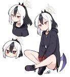  1girl bare_legs between_legs black_choker black_footwear black_hair black_hoodie blue_archive blush_stickers bright_pupils chibi chibi_inset choker closed_mouth crossed_legs demon_horns demon_wings hair_ornament hairclip halo hand_between_legs highres hood hoodie horns jitome junsuina_fujunbutsu kayoko_(blue_archive) light_blush long_sleeves looking_at_viewer low_wings medium_hair mole multicolored_hair multiple_views plaid plaid_skirt ponytail red_eyes red_skirt shoes signature single_wing skirt sneakers two-tone_hair white_hair white_pupils wings 