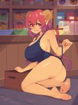  5_fingers 5_toes apron apron_only bare_shoulders barefoot breasts butt clothing detailed_background feet female fingers genitals hair horn horned_humanoid humanoid humanoid_feet humanoid_pointy_ears ilulu miss_kobayashi&#039;s_dragon_maid mostly_nude not_furry pink_hair pussy smile soles solo squeezable teeth toes 