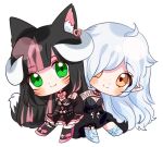  2girls :3 ahoge animal_ear_fluff animal_ears asaki_amber bangs black_dress black_hair blunt_bangs blush breasts chibi cleavage closed_mouth corset demon_girl demon_horns dress english_commentary eyebrows_visible_through_hair facial_mark fishnet_top fishnets forehead fox_ears fox_girl fox_tail green_eyes hair_over_one_eye heart_ring horns indie_virtual_youtuber legs_apart long_hair looking_at_viewer multicolored_hair multiple_girls parted_bangs pink_footwear pink_hair pointy_ears simple_background smile streaked_hair tail thigh_strap toriklepto toriklepto3 two-tone_hair virtual_youtuber whisker_markings white_background white_hair yellow_eyes 