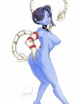  2021 big_breasts blue_body blue_hair blue_skin blush bone breasts female hair hair_over_eye hand_on_butt hi_res humanoid looking_at_viewer monnsfw nipples not_furry one_eye_obstructed sewn_mouth side_view simple_background skeleton skullgirls solo squigly undead video_games white_background zombie 