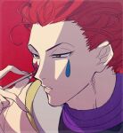  1boy applying_makeup facepaint hair_slicked_back hisoka_morow hunter_x_hunter makeup male_focus parted_lips pitatann red_hair sleeveless solo yellow_eyes 