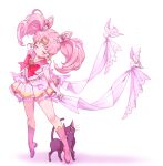  1girl bishoujo_senshi_sailor_moon boots cat chibi_usa closed_eyes crescent_moon diana_(sailor_moon) facial_mark forehead_mark full_body gloves hair_ornament inzup moon pale_skin pink_footwear pink_hair sailor_chibi_moon sailor_senshi_uniform school_uniform serafuku skirt twintails white_background 