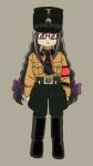  1girl akemi_homura armband belt belt_buckle black_headwear black_pants boots bow braid breast_pocket brown_shirt buckle full_body glasses hat highres kepi knee_boots long_hair looking_at_viewer mahou_shoujo_madoka_magica military_hat nazi nazi_party_pin necktie pants pocket purple_bow red_armband shirt ss_insignia ss_uniform swastika totenkopf twin_braids very_long_hair yasu_(luchs&amp;mardar) 