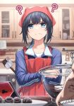  1girl ? apron bangs black_hair blue_eyes chocolate chocolate_making crossed_arms eyebrows_visible_through_hair glass_bowl head_scarf highres jacket junshiki kitchen medium_hair mixing_bowl mole mole_under_eye original red_apron red_headwear shirt solo spatula spoon sweatdrop tablet_pc tasting track_jacket track_suit twitter_username valentine white_shirt 