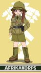  1girl afrika_korps belt belt_buckle boots brown_eyes brown_hair buckle cross cross-laced_footwear epaulettes full_body girls_und_panzer hand_on_hip helmet highres iron_cross kadotani_anzu lace-up_boots looking_at_viewer military military_uniform nazi necktie palm_tree pith_helmet shorts smile swastika totenkopf tree twintails uniform wehrmacht yasu_(luchs&amp;mardar) yellow_background 