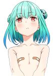  bandaid bandaids_on_nipples blush breasts character_request copyright_request double_bun eyebrows_visible_through_hair eyes_visible_through_hair frown green_hair hair_ornament happycalpis looking_at_viewer pasties red_eyes simple_background skull_hair_ornament small_breasts tagme topless upper_body 