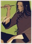  1boy black_eyes black_hair chinese_clothes green_background holding holding_pipe hunter_x_hunter illumi_zoldyck kiseru long_hair pipe pitatann smoke solo 