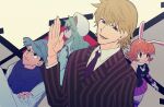  animal_ears blonde_hair cheadle_yorkshire facial_hair formal ging_freecss green_hair hand_up hat highres hunter_x_hunter male_focus official_style orange_hair pariston_hill pitatann piyon_(hunter_x_hunter) rabbit_ears rabbit_girl short_hair smile solo_focus suit 