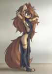  anthro apogee_(tinygaypirate) arm_tuft black_nose breasts brown_body brown_eyes brown_fur brown_hair butt canid canine canis clothed clothing cowlick domestic_dog dress ear_guage ear_piercing elbow_tuft eyebrow_through_hair eyebrows eyelashes facial_markings facial_piercing female floppy_ears fur furgonomics furry-specific_piercing hair hair_over_eye hands_behind_head head_markings hi_res leg_warmers legwear long_hair looking_back mammal markings messy_hair muzzle_piercing no_underwear nose_piercing one_eye_obstructed piercing plantigrade raised_arms shadow side_boob simple_background solo spitz stnading tan_background tinygaypirate translucent translucent_hair tuft 