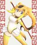  1girl absurdres black_eyes breasts commentary_request covered_navel golden_snub-nosed_monkey_(kemono_friends) highleg highleg_leotard highres kemono_friends leotard long_hair looking_at_viewer orange_hair solo tail thighhighs 