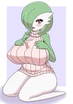  3_fingers absurd_res asakura_ayase big_breasts blush bottomless breasts bulge clothed clothing eyelashes female fingers gardevoir green_hair hair hair_over_eye hi_res holding_breast huge_breasts humanoid meme meme_clothing nintendo one_eye_obstructed pok&eacute;mon pok&eacute;mon_(species) red_eyes shaded solo sweater thick_thighs topwear video_games virgin_killer_sweater white_body 
