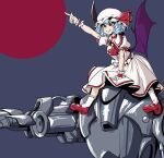  2022 ambiguous_gender b2_super_battle_droid battle_droid blood_moon blue_background bonnet clothing dress duo female frilly frilly_clothing gesture headgear headwear hi_res humanoid machine membrane_(anatomy) membranous_wings not_furry oresamalav pointing remilia_scarlet robot simple_background sitting_on_head star_wars touhou vampire video_games wings 
