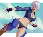  angel_(kof) boots bra breasts chaps cowboy_boots cropped_jacket fingerless_gloves full_body gloves hair_over_one_eye jacket large_breasts leather leather_jacket oni_gini snk strapless strapless_bra the_king_of_fighters the_king_of_fighters_2001 the_king_of_fighters_xiv the_king_of_fighters_xv toned underwear white_hair 