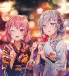  2girls :p ;d braid candy_apple fish flower food goldfish hair_flower hair_ornament highres hinomori_shizuku japanese_clothes kimono light_blue_hair mole momoi_airi multiple_girls nov_ggg one_eye_closed pink_hair project_sekai smile tongue tongue_out yukata 