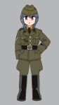  1girl belt belt_buckle blue_hair boots breast_pocket buckle epaulettes full_body garrison_cap german_text grey_background hand_on_hip hat highres knee_boots looking_at_viewer military military_uniform nazi necktie pocket purple_eyes shima_rin ss_insignia ss_uniform swastika totenkopf uniform waffen-ss yasu_(luchs&amp;mardar) yurucamp 