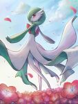  absurdres cloud commentary_request day field flower flower_field gardevoir gardevoir_day highres looking_back luna_mokamoka outdoors petals pokemon pokemon_(creature) red_eyes sky solo standing 