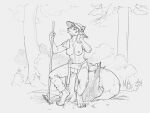 anthro baron03_(artist) braless breast_rest breasts breath canid canine clothed clothing female fingers fluffy fluffy_tail fox hat headgear headwear huff humanoid_hands mammal nipples outside partial_nude plant rake sitting solo stump tools topless tree tree_stump 