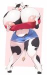  anthro areola big_breasts bodily_fluids bottomwear bovid bovine breasts cattle clothing crop_top female hand_on_breast hi_res holding_breast hooves horn huge_breasts hyper hyper_breasts kkoart lactating lactating_through_clothing mammal milk multicolored_body nipple_slip nipples open_mouth pink_nipples shirt shorts solo sweat sweatdrop thick_thighs topwear two_tone_body wet wet_clothing 
