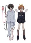  2boys alternate_costume bandaged_arm bandaged_foot bandaged_hand bandaged_leg bandaged_neck bandages bangs black_legwear black_shirt blood blood_bag blue_eyes blue_legwear blue_shirt brown_eyes brown_hair bungou_stray_dogs commentary_request dazai_osamu_(bungou_stray_dogs) demon_tail eyepatch hair_between_eyes hair_ornament hairclip halo horns male_focus mini_wings multiple_boys orange_hair pants shirt shoes short_hair shorts simple_background striped striped_legwear tail tanizaki_junichirou_(bungou_stray_dogs) white_background wings ziyi_zhengjun 