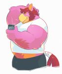  2015 anthro avian biped bottomwear cellphone clothing greenendorf hi_res humanoid_hands male overweight overweight_male phone pink_body shirt shorts simple_background smartphone solo topwear white_background 