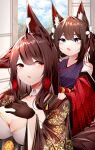  2girls absurdres akagi_(azur_lane) amagi-chan_(azur_lane) animal_ears azur_lane bangs black_gloves blunt_bangs breasts brown_hair chestnut_mouth cleavage collarbone commentary_request eyebrows_visible_through_hair eyeshadow fox_ears fox_girl fox_tail gloves highres kyuubi long_hair looking_at_another looking_back makeup multiple_girls multiple_tails off-shoulder_kimono parted_lips purple_eyes red_eyes rope samip shimenawa sidelocks tail thick_eyebrows twintails 