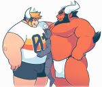  2015 bottomwear bulge clothing cute_fangs demon greenendorf group horn loincloth male musclegut overweight overweight_male red_body shirt shorts simple_background topwear white_background 