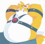  2015 anthro belly biped black_nose bottomwear canid canine clothing fox greenendorf harness leather leather_harness male mammal miles_prower pants sega simple_background sitting solo sonic_the_hedgehog_(series) white_background white_body 