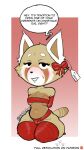  2021 aggressive_retsuko ailurid anthro arms_tied bound bow_ribbon breast_squish breasts christmas dialogue english_text female front_view full-length_portrait fur gift_tag gift_wrapped half-closed_eyes hands_behind_back hi_res holidays kneeling looking_at_viewer mammal mature_female narrowed_eyes portrait red_panda retsuko&#039;s_mother sanrio solo squish talking_to_viewer tan_body tan_fur tdtbaa text 