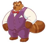  2014 alpha_channel animal_crossing anthro belly biped bottomwear bow_tie brown_body brown_fur brown_nose canid canine clothing fur greenendorf male mammal nintendo overweight overweight_male pants raccoon_dog shirt simple_background solo suit tanuki tom_nook_(animal_crossing) topwear transparent_background video_games 