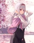  1girl :o cherry_blossoms falling_petals floating_hair grey_hair hairband high-waist_skirt highres idolmaster idolmaster_(classic) idolmaster_million_live! lake long_hair looking_afar outdoors petals red_hairband shawl shijou_takane shirt sira_(user_dswn7488) skirt solo striped striped_shirt suspender_skirt suspenders wavy_hair 