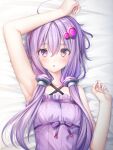  1girl arm_up armpits bangs bare_arms bare_shoulders bed_sheet blush breasts collarbone criss-cross_halter dress eyebrows_visible_through_hair frilled_dress frills hair_between_eyes halterneck hand_up highres long_hair looking_at_viewer murano parted_lips purple_dress purple_eyes purple_hair small_breasts solo upper_body vocaloid voiceroid yuzuki_yukari 