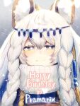  1girl animal_ears arknights black_eyes bokiboki333 braid character_name english_text eyebrows_visible_through_hair hair_ornament highres leopard_ears long_hair looking_at_viewer portrait pramanix_(arknights) side_braids smile solo straight-on tiara turtleneck white_hair 