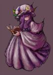  1girl 2b-ge :/ dress hat highres looking_at_viewer mob_cap patchouli_knowledge purple_background purple_dress purple_eyes purple_hair simple_background solo touhou 