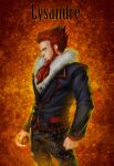  1boy baharu bara beard blue_eyes facial_hair fire highres jacket looking_to_the_side lysandre_(pokemon) male_focus pants poke_ball pokemon pokemon_(game) pokemon_xy red_background red_hair serious solo spiked_hair text_focus 