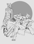  anthro baron03_(artist) bench breasts canid canine canis claws claws_out crossed_legs eyes_closed feet felid feline female female/female fingers genitals group hi_res humanoid_hands jaguar mammal nipples nude pantherine pussy sitting spots standing towel wolf 