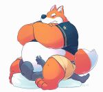  2015 anthro belly black_nose bottomwear canid canine clothing duo eyes_closed fox greenendorf lying male mammal orange_body overweight overweight_male shirt shorts simple_background sitting_on_person topwear white_background white_body 
