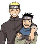  2boys black_hair blonde_hair blue_eyes commentary_request crossed_arms facial_mark forehead_protector konoha_kuzushi looking_at_viewer male_focus multiple_boys naruto_(series) naruto_shippuuden open_mouth sarutobi_konohamaru short_hair simple_background smile spiked_hair uzumaki_naruto whisker_markings white_background 